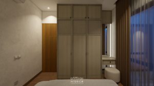 desain lemari kamar tidur dengan penggunaan rotan sebagai aksen