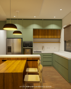 Dapur dengan konsep modern contemporer, warna green sage sebagai aksen